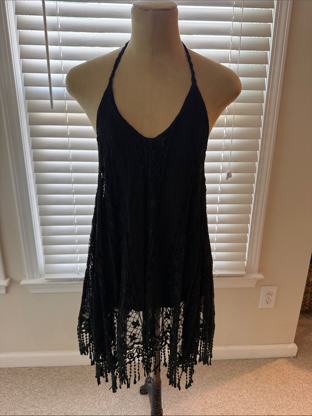 Ocean Drive Black Crochet Halter Coverup with Fringe Hem